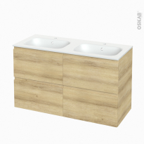 Meuble de salle de bains - Plan double vasque NEMA - IPOMA Chêne Naturel - 4 tiroirs - Côtés décors - L120,5 x H71,5 x P50,6 cm