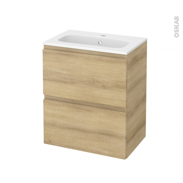 Meuble de salle de bains - Plan vasque REZO - IPOMA Chêne Naturel - 2 tiroirs - Côtés décors - L60,5 x H71,5 x P40,5 cm