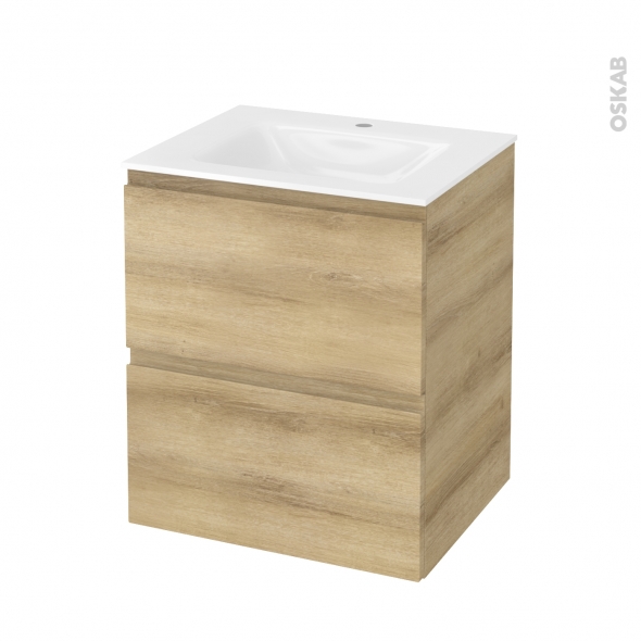 Meuble de salle de bains - Plan vasque VALA - IPOMA Chêne Naturel - 2 tiroirs - Côtés décors - L60,5 x H71,2 x P50,5 cm