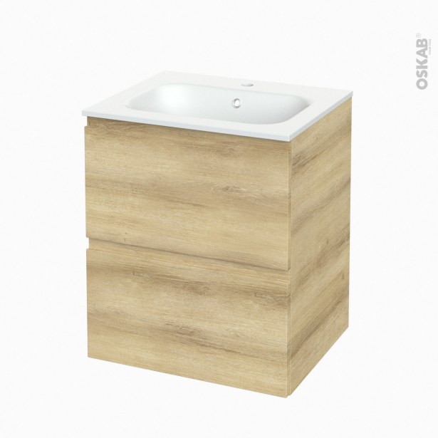 Meuble de salle de bains Plan vasque NEMA <br />IPOMA Chêne Naturel, 2 tiroirs, Côtés décors, L60,5 x H71,5 x P50,6 cm 