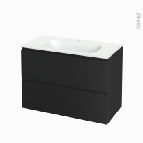 Meuble de salle de bains - Plan vasque NEMA - IPOMA Noir mat - 2 tiroirs - Côtés décors - L100,5 x H71,5 x P50,6 cm