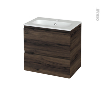 Meuble de salle de bains - Plan vasque REZO - IPOMA Noyer - 2 tiroirs - Côtés décors - L60,5 x H58,5 x P40,5 cm