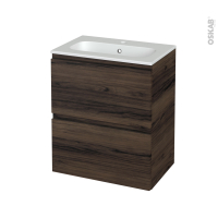 Meuble de salle de bains - Plan vasque REZO - IPOMA Noyer - 2 tiroirs - Côtés décors - L60,5 x H71,5 x P40,5 cm