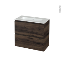 Meuble de salle de bains - Plan vasque REZO - IPOMA Noyer - 2 tiroirs - Côtés décors - L80.5 x H71.5 x P40.5 cm