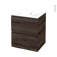 Meuble de salle de bains - Plan vasque NAJA - IPOMA Noyer - 2 tiroirs - Côtés décors - L60,5 x H71,5 x P50,5 cm