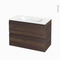 Meuble de salle de bains - Plan vasque NEMA - IPOMA Noyer - 2 tiroirs - Côtés décors - L100,5 x H71,5 x P50,6 cm