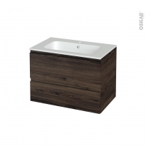 Meuble de salle de bains - Plan vasque REZO - IPOMA Noyer - 2 tiroirs - Côtés décors - L80.5 x H58.5 x P50.5 cm