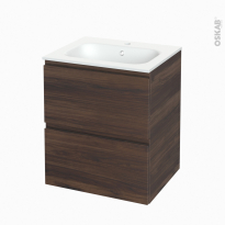 Meuble de salle de bains - Plan vasque NEMA - IPOMA Noyer - 2 tiroirs - Côtés décors - L60,5 x H71,5 x P50,6 cm