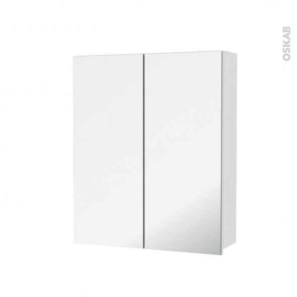 Armoire de toilette - Rangement haut - IRIS Blanc - 2 portes miroir - Côtés décors - L60 x H70 x P17 cm