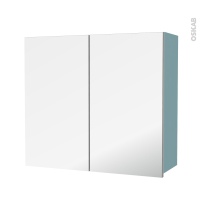 Armoire de salle de bains - Rangement haut - KERIA Bleu - 2 portes miroir - Côtés décors - L80 x H70 x P27 cm