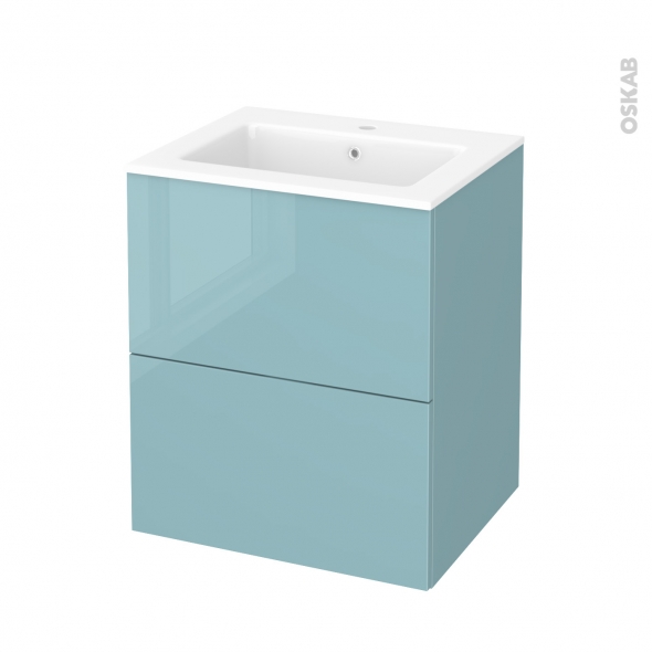 Meuble de salle de bains - Plan vasque NAJA - KERIA Bleu - 2 tiroirs - Côtés décors - L60,5 x H71,5 x P50,5 cm