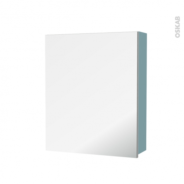 Armoire de toilette - Rangement haut - KERIA Bleu - 1 porte miroir - Côtés décors - L60 x H70 x P17 cm