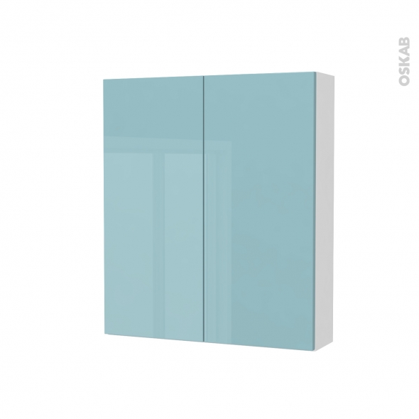 Armoire de toilette - Rangement haut - KERIA Bleu - 2 portes - Côtés blancs - L60 x H70 x P17 cm