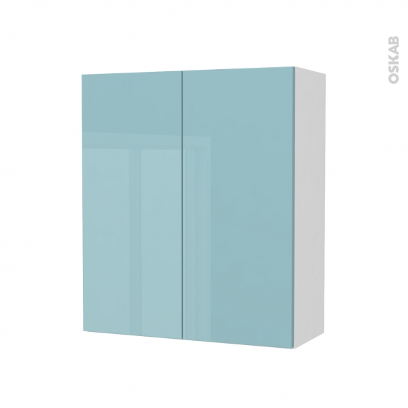 Armoire de salle de bains - Rangement haut - KERIA Bleu - 2 portes - Côtés blancs - L60 x H70 x P27 cm