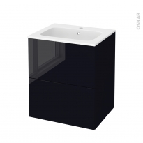 Meuble de salle de bains - Plan vasque REZO - KERIA Noir - 2 tiroirs - Côtés décors - L60,5 x H71,5 x P50,5 cm