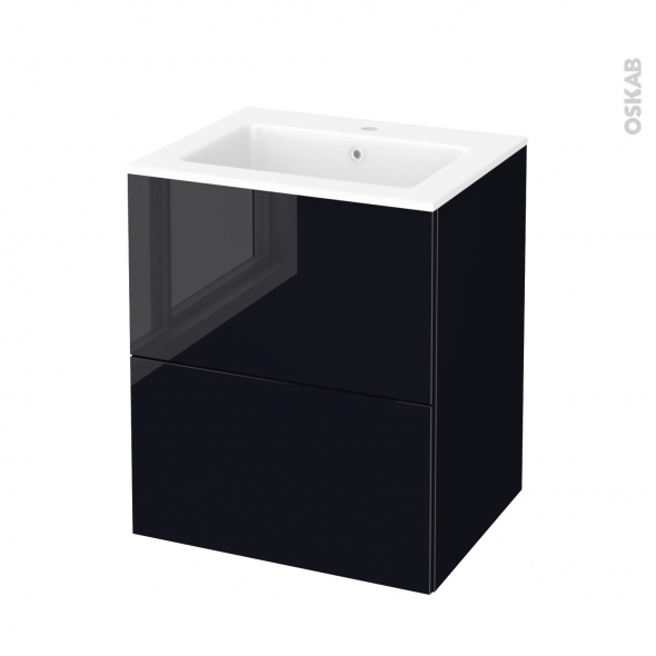 Meuble de salle de bains - Plan vasque NAJA - KERIA Noir - 2 tiroirs - Côtés décors - L60,5 x H71,5 x P50,5 cm