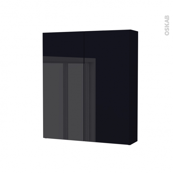 Armoire de toilette - Rangement haut - KERIA Noir - 2 portes - Côtés décors - L60 x H70 x P17 cm