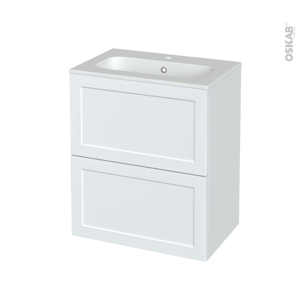 Meuble de salle de bains Plan vasque REZO <br />LUPI Blanc, 2 tiroirs, Côtés décors, L60,5 x H71,5 x P40,5 cm 