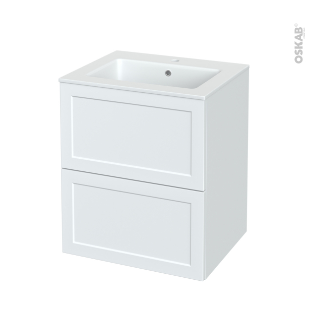 Meuble de salle de bains Plan vasque NAJA <br />LUPI Blanc, 2 tiroirs, Côtés décors, L60,5 x H71,5 x P50,5 cm 