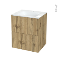 Meuble de salle de bains - Plan vasque VALA - OKA Chêne - 2 tiroirs - Côtés décors - L60,5 x H71,2 x P50,5 cm
