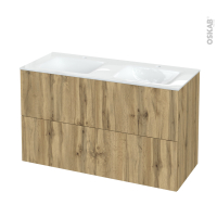 Meuble de salle de bains - Plan double vasque VALA - OKA Chêne - 4 tiroirs - Côtés décors - L120,5 x H71,2 x P50,5 cm