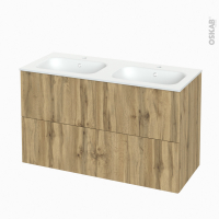 Meuble de salle de bains - Plan double vasque NEMA - OKA Chêne - 4 tiroirs - Côtés décors - L120,5 x H71,5 x P50,6 cm