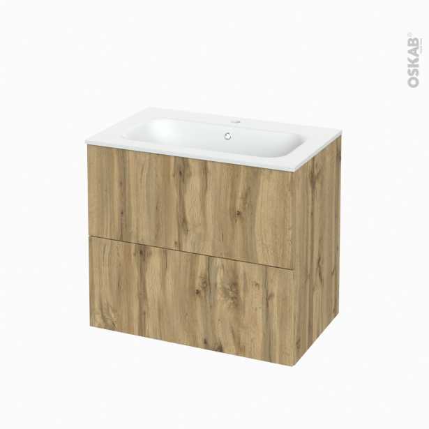 Meuble de salle de bains Plan vasque NEMA <br />OKA Chêne, 2 tiroirs, Côtés décors, L80.5 x H71.5 x P50,6 cm 