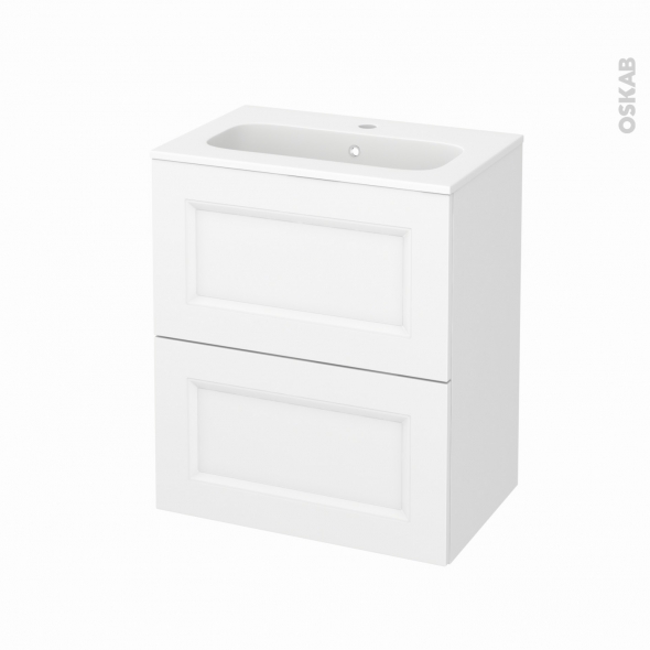 Meuble de salle de bains - Plan vasque REZO - STATIC Blanc - 2 tiroirs - Côtés décors - L60,5 x H71,5 x P40,5 cm