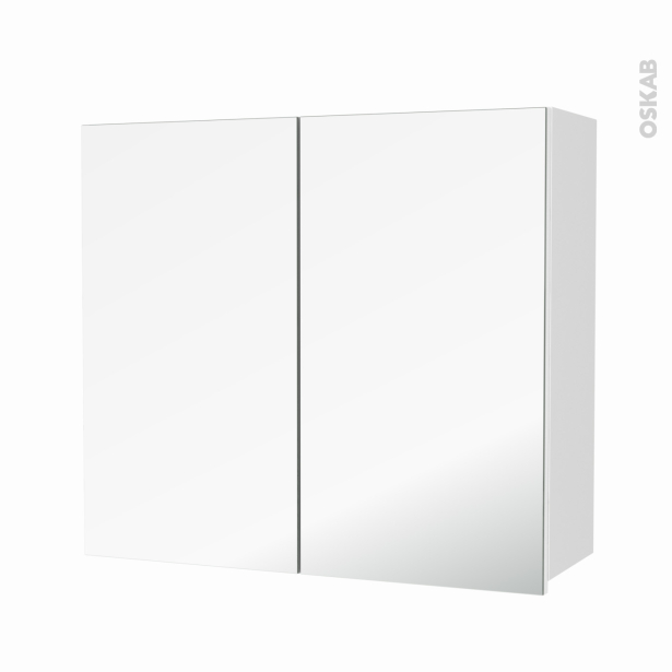 Armoire de salle de bains Rangement haut <br />STATIC Blanc, 2 portes miroir, Côtés décors, L80 x H70 x P27 cm 