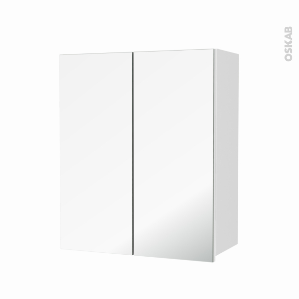 Armoire de salle de bains Rangement haut <br />STATIC Blanc, 2 portes miroir, Côtés décors, L60 x H70  xP27 cm 