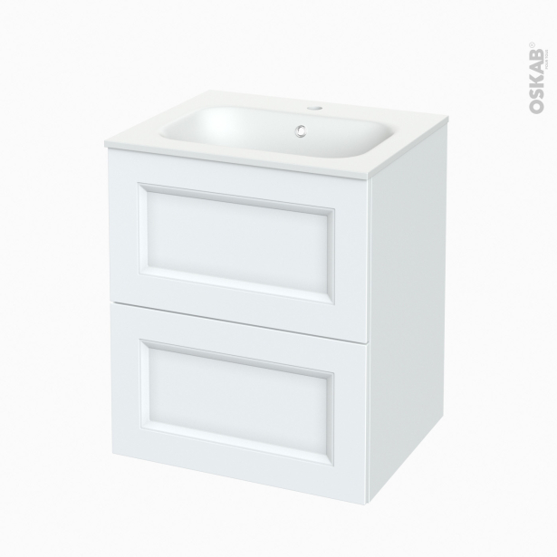 Meuble de salle de bains Plan vasque NEMA <br />STATIC Blanc, 2 tiroirs, Côtés décors, L60,5 x H71,5 x P50,6 cm 