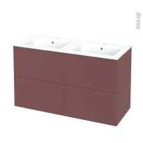 Meuble de salle de bains - Plan double vasque NAJA - TIA Rouge terracotta - 4 tiroirs - Côtés décors - L120,5 x H71,5 x P50,5 cm