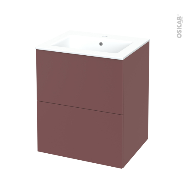 Meuble de salle de bains Plan vasque NAJA <br />TIA Rouge terracotta, 2 tiroirs, Côtés décors, L60,5 x H71,5 x P50,5 cm 