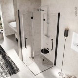 Porte de douche - angle carré pliant NOVELLINI - 90x90 cm - Verre transparent - profilés noirs