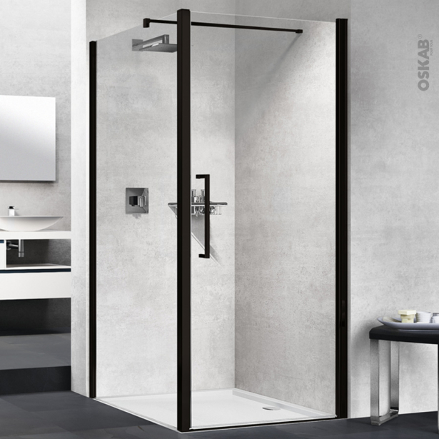 Porte de douche pivotante NOVELLINI <br />90 cm, Verre transparent, profilés noirs 