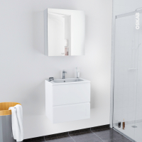 Ensemble salle de bains - Meuble IPOMA Blanc brillant - Plan vasque résine - Armoire de toilette - L60,5 x H58,5 x P40,5 cm