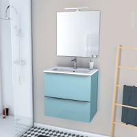 Ensemble salle de bains - Meuble KERIA Bleu - Plan vasque résine - Miroir et éclairage - L60,5 x H58,5 x P40,5 cm