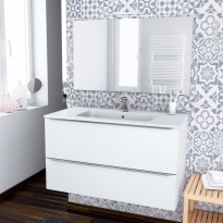 Ensemble salle de bains - Meuble BORA Blanc - Plan vasque résine - Miroir et éclairage - L100,5 x H58,5 x P50,5 cm