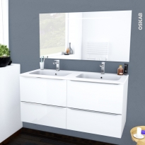 Ensemble salle de bains - Meuble BORA Blanc - Plan double vasque résine - Miroir lumineux - L120,5 x H58,5 x P50,5 cm