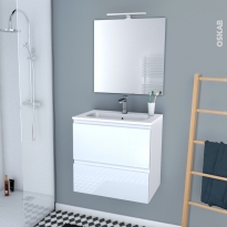 Ensemble salle de bains - Meuble IPOMA Blanc brillant - Plan vasque résine - Miroir et éclairage - L60,5 x H58,5 x P40,5 cm