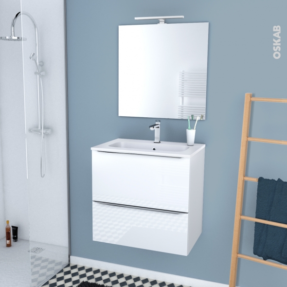 Ensemble salle de bains - Meuble BORA Blanc - Plan vasque résine - Miroir et éclairage - L60,5 x H58,5 x P40,5 cm