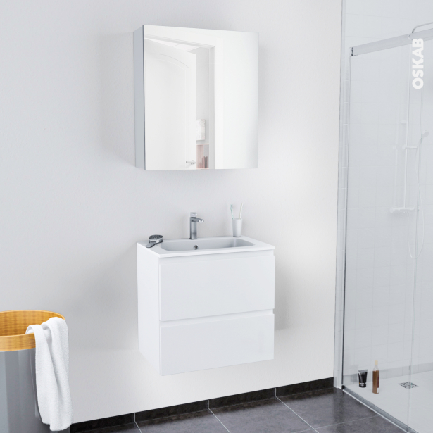 Ensemble salle de bains Meuble IPOMA Blanc brillant <br />Plan vasque résine, Armoire de toilette, L60,5 x H58,5 x P40,5 cm 