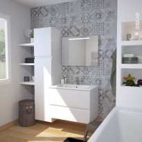 Ensemble salle de bains - Meuble IPOMA Blanc mat - Plan vasque résine - Miroir lumineux - L80,5 x H58,5 x P50,5 cm