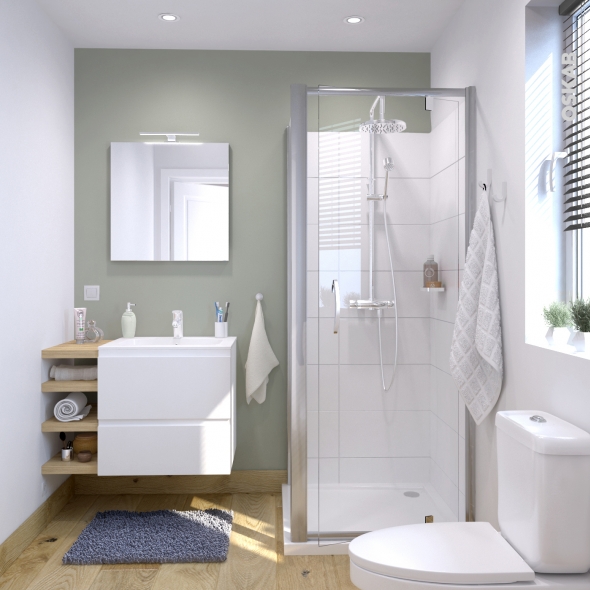 Ensemble salle de bains - Meuble IPOMA Blanc mat - Plan vasque résine - Miroir et éclairage - L60,5 x H58,5 x P40,5 cm
