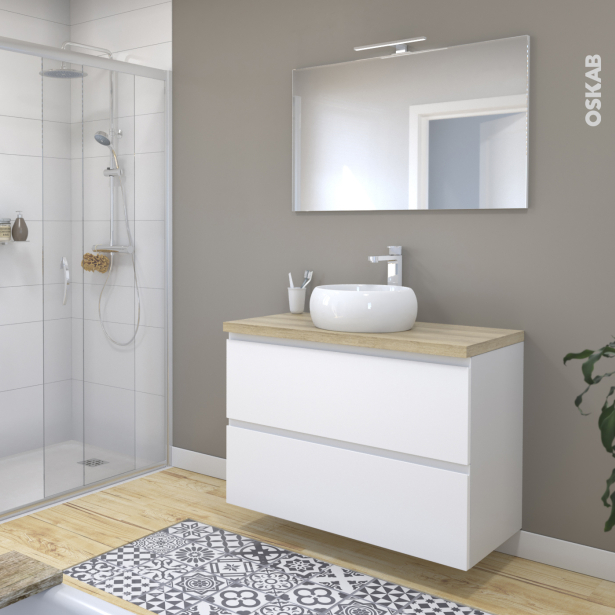 Meuble de salle de bains Sous vasque <br />IPOMA Blanc mat, 2 tiroirs, Côtés décors, L100 x H70 x P50 cm 