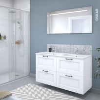 Ensemble salle de bains Meuble STATIC Blanc - Plan double vasque résine - Miroir lumineux - L120,5 x H71,5 x P50,5 cm