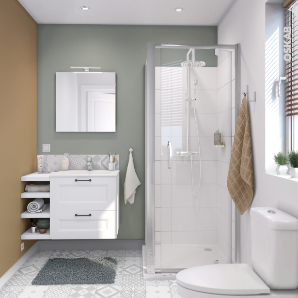Ensemble salle de bains Meuble STATIC Blanc <br />Plan vasque résine, Miroir et éclairage, L60,5 x H58,5 x P40,5 cm 
