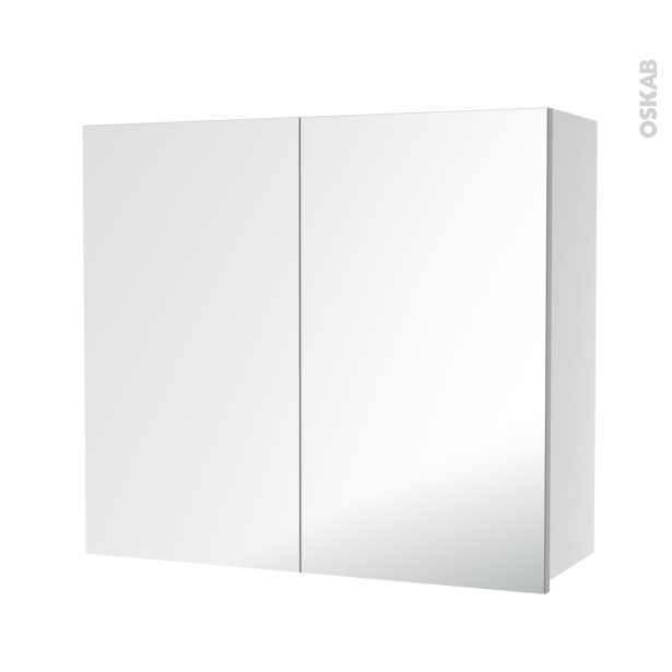 Armoire de salle de bains Rangement haut <br />2 portes miroir, Côtés blancs, L80 x H70 x P27 cm, HAKEO 