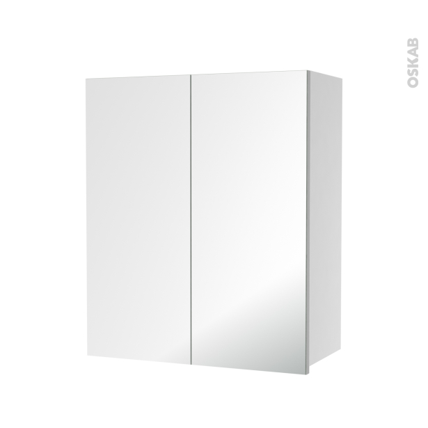 Armoire de salle de bains Rangement haut <br />2 portes miroir, Côtés blancs, L60 x H70 x P27 cm, HAKEO 