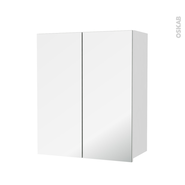 Armoire de salle de bains Rangement haut <br />BORA Blanc, 2 portes miroir, Côtés décors, L60 x H70  xP27 cm 